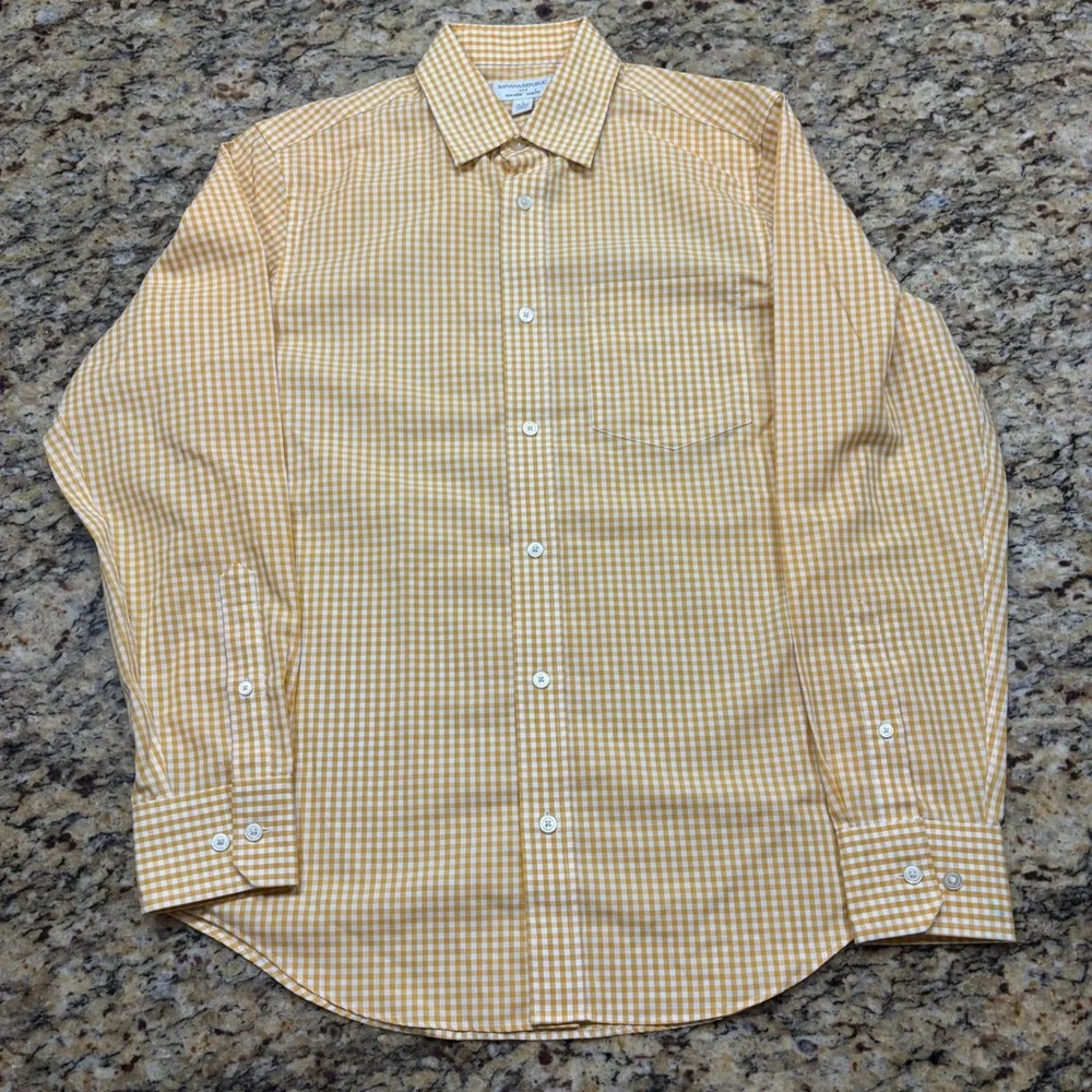 Banana Republic Mens Slim Fit Non Iron Gingham Button Down Yellow White S ws